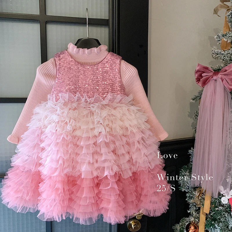 【本妈】秋冬"粉红香氛"女童针织上衣+无袖加绒网纱连衣裙套W25272