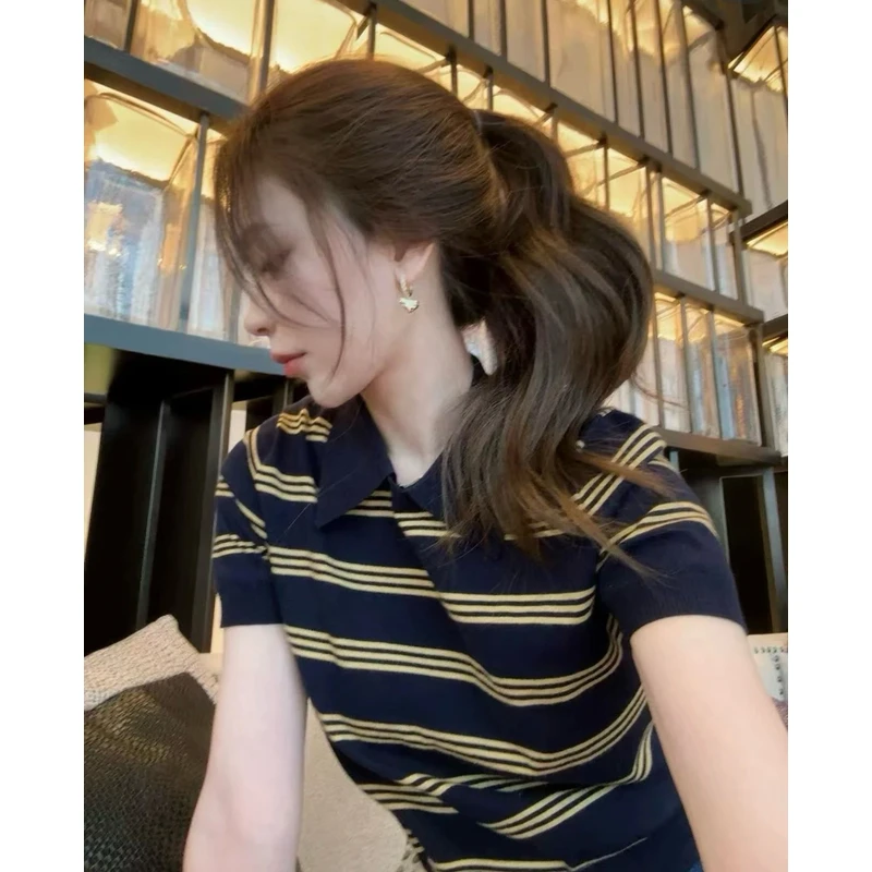 【LJ】M家字母刺绣条纹短袖T袖polo上衣