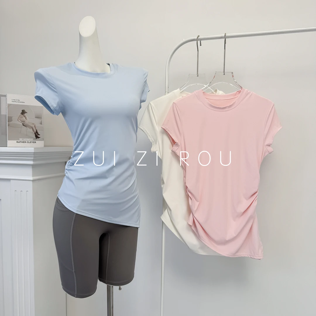 瑜伽上衣女中长款燕尾短袖普拉提训练服户外晨跑跳操运动健身衣