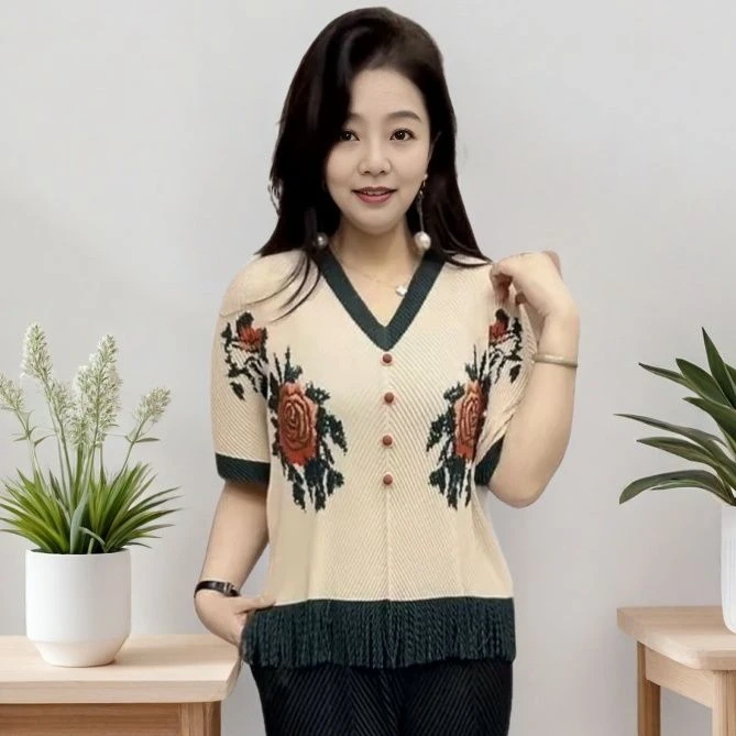 洋气春夏五分妈妈针织衫2025新款流苏提花薄款毛衣中老年气质上衣