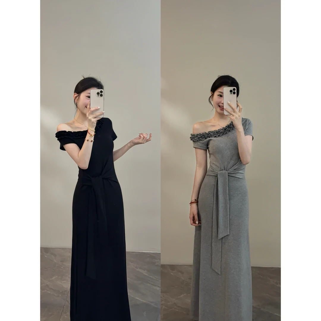 【颂宋】夏季新款气质木耳边斜领露肩短袖连衣裙收腰显瘦长裙DT1250