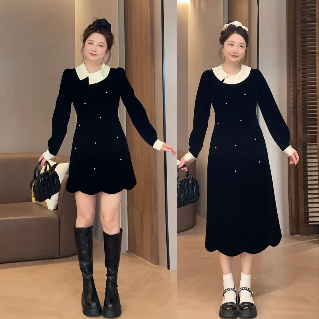 大萌萌法式浪漫撞色拼接收腰花边丝绒连衣裙秋冬微胖显瘦小黑裙女