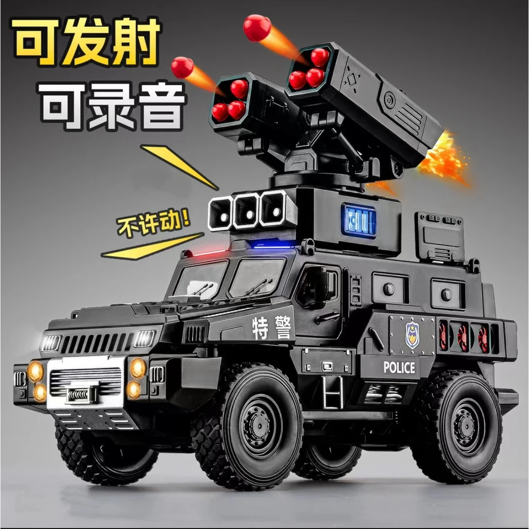 1:24合金声光特警装甲车录音版七开门回力车玩具