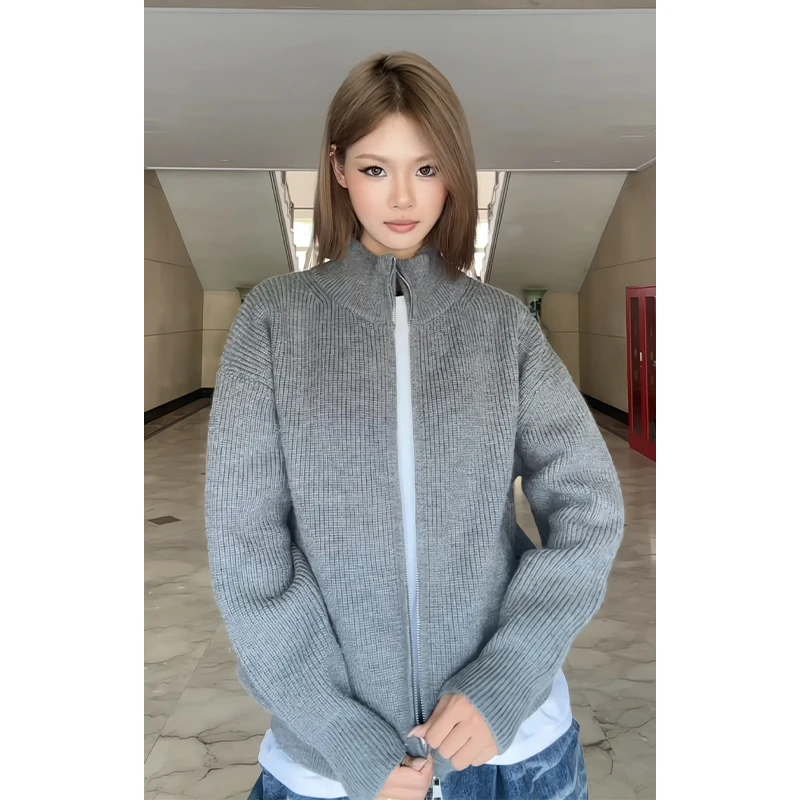 立领毛衣外套男款秋季设计感拉链开衫夹克cleanfit美式潮牌针织衫