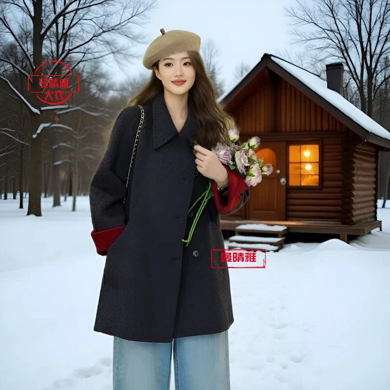 抗寒羊毛大衣撞色娃娃领保暖女常秋冬毛呢外套时尚毛呢宽松中长款