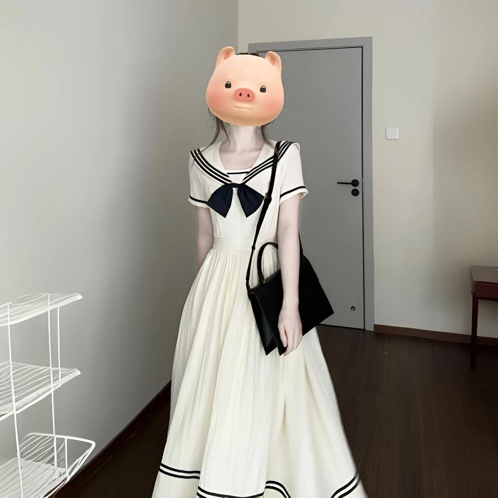 法式学院风洋气连衣裙女2025春夏新款海军领撞色拼接减龄收腰裙子