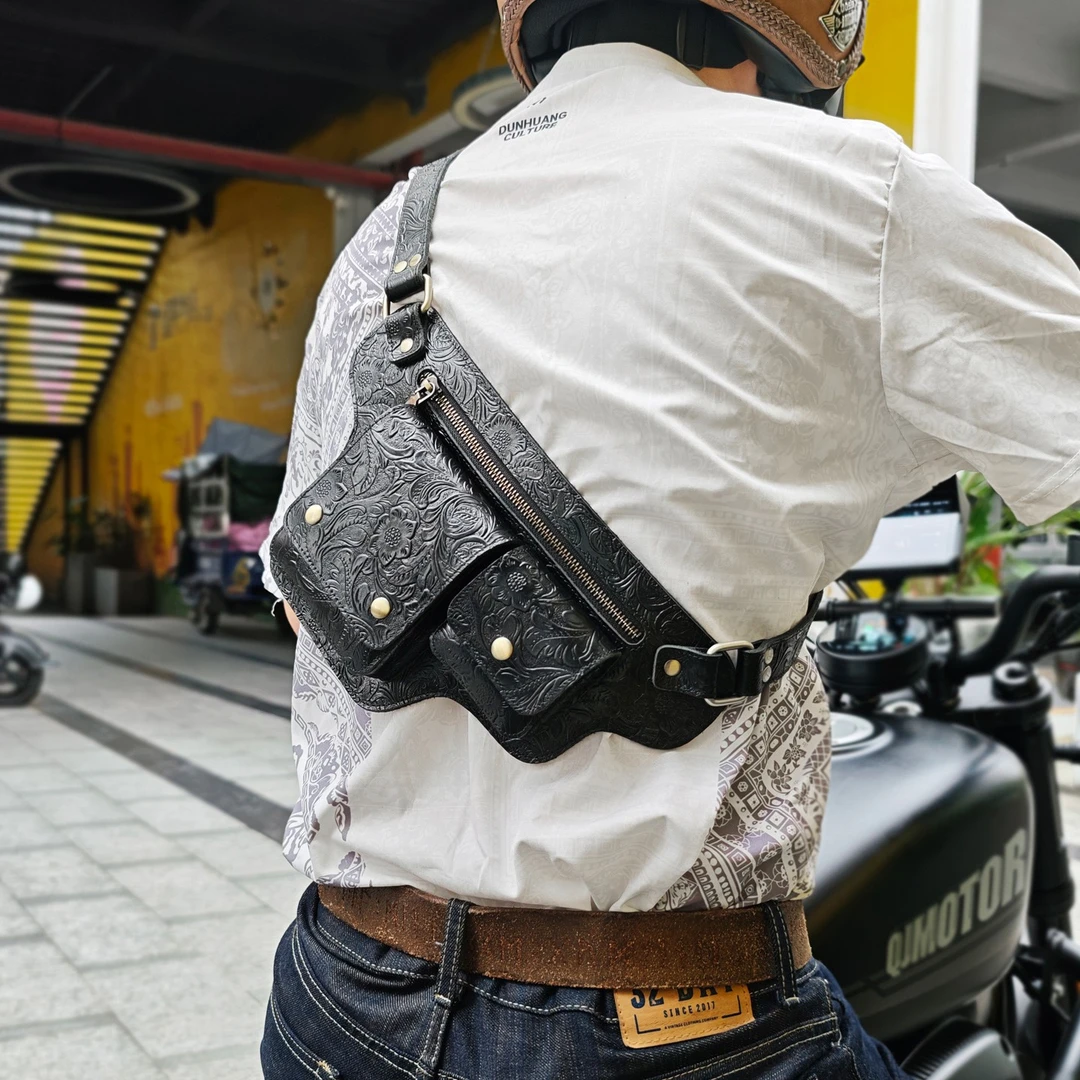 手工真皮骑行机车胸包男士头层牛皮潮牌单肩斜挎小包个性骑士腰包