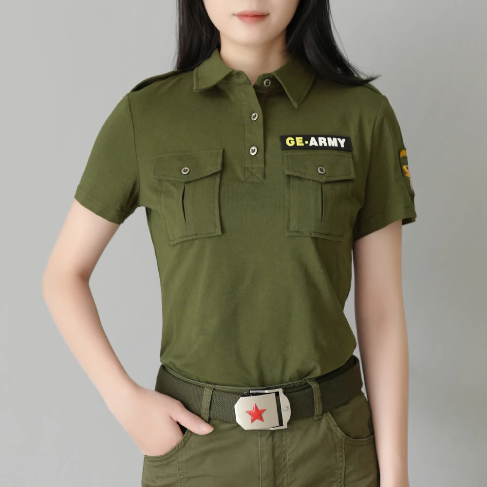 【T2158】夏装新款户外休闲军绿色短袖T恤女款修身显瘦翻领上衣休闲