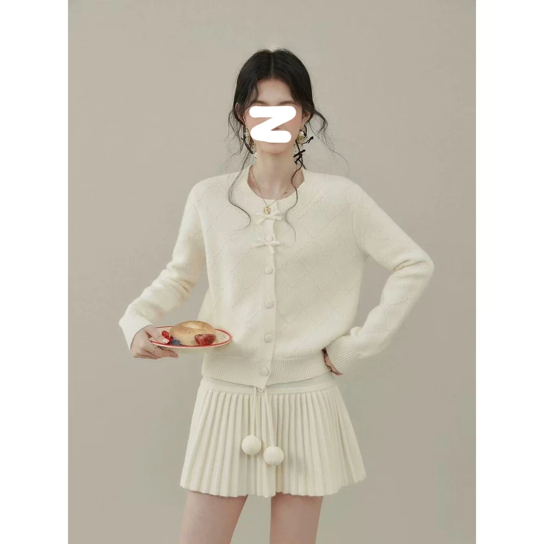 2025韩系温柔少女风圆领蝴蝶结针织开衫女秋冬新款半身裙两件套