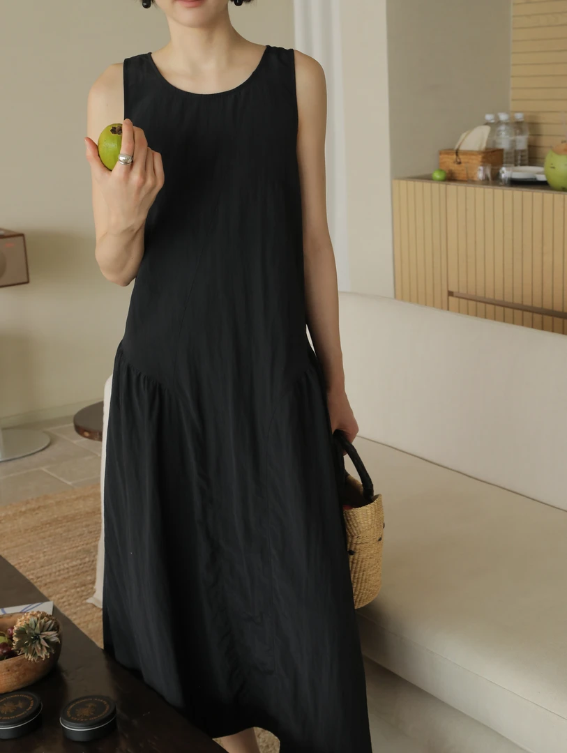 【素简】夏季新款纯色简约背心连衣裙女宽松休闲百搭A字长裙子0280