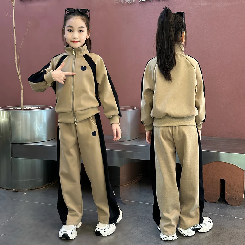女童加绒加厚爱心休闲风冬款套装2025新款洋气中大童拼色两件套