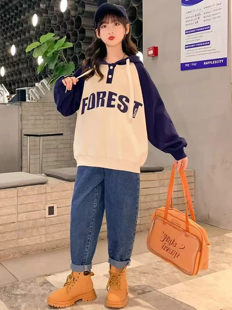 501006《现》春款韩版儿童休闲舒适拼色日常百搭圆领连帽卫衣