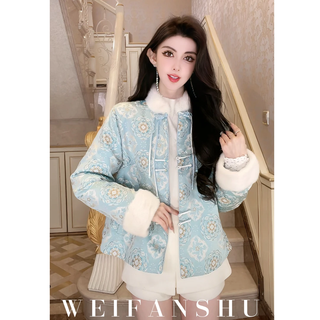 WEIFANSHU/魏凡舒【宝花奔鹿】冬季新款鹅绒宋锦真丝新中式外套