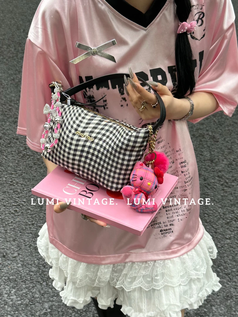 95新 MIU MIU/缪缪 黑白格子饭盒单肩包82355977