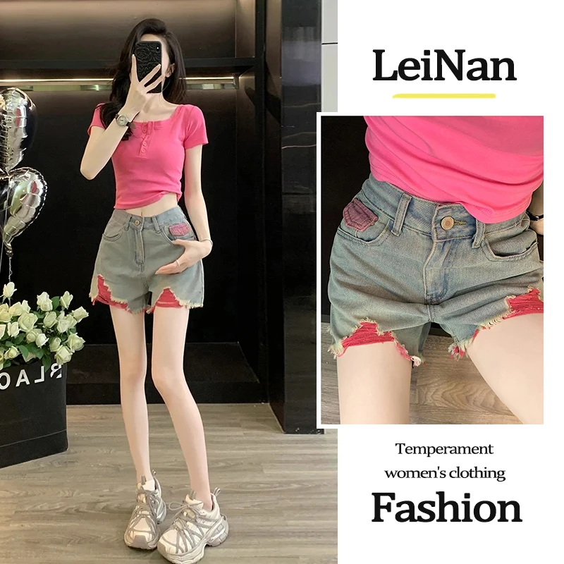 夏季新款纯欲辣妹穿搭套装短袖正肩上衣多巴胺破洞牛仔短裤两件套
