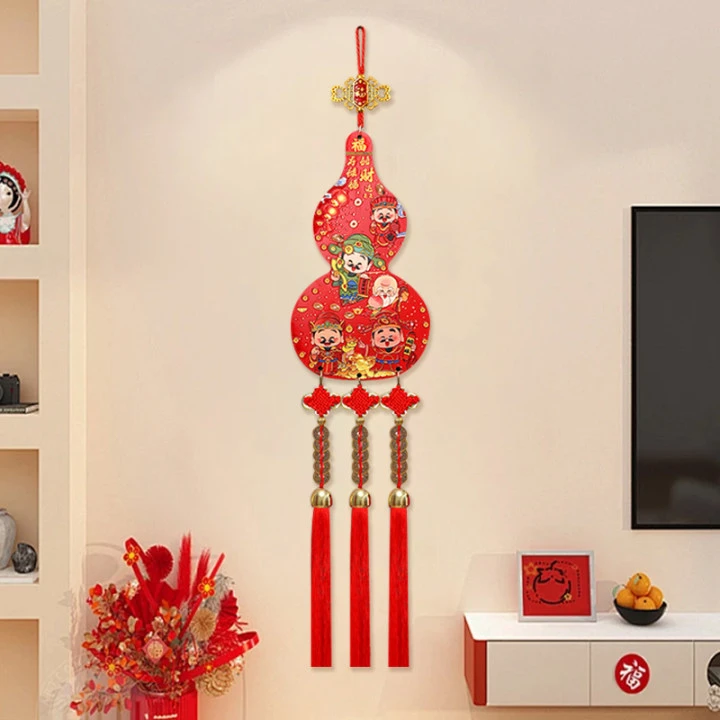 五路财神葫芦挂件入户大门平安中国结古风木质客厅背景墙吉祥挂饰