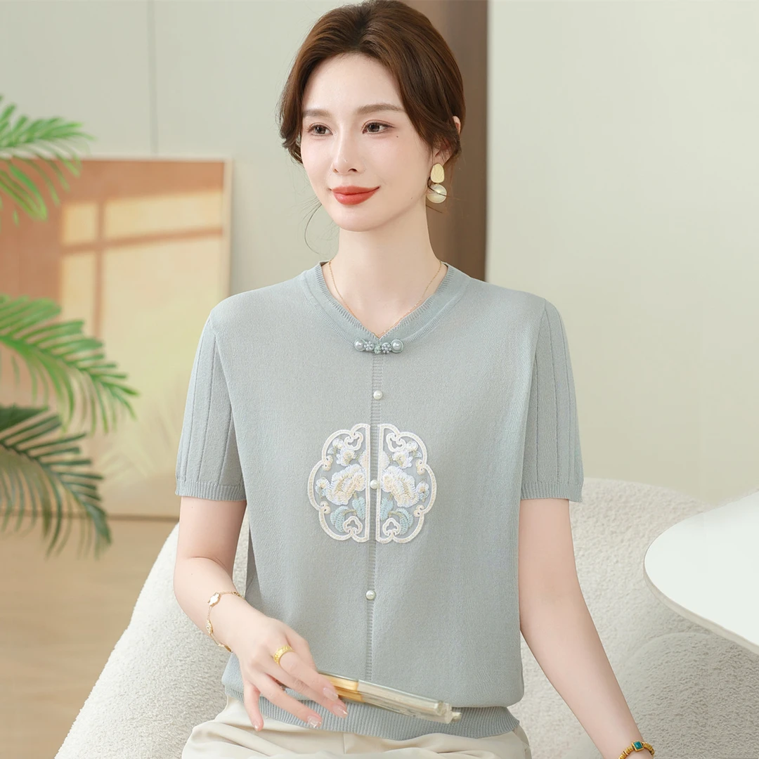 新款妈妈夏装短袖T恤小衫中老年女装国风冰丝薄款针织洋气上衣女