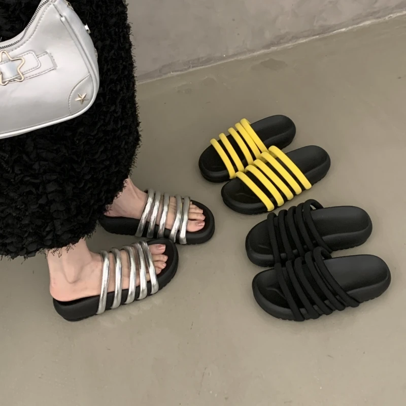 沙滩松糕底日常胶粘鞋厚底一字拖凉拖鞋防滑鞋子网红女鞋度假风