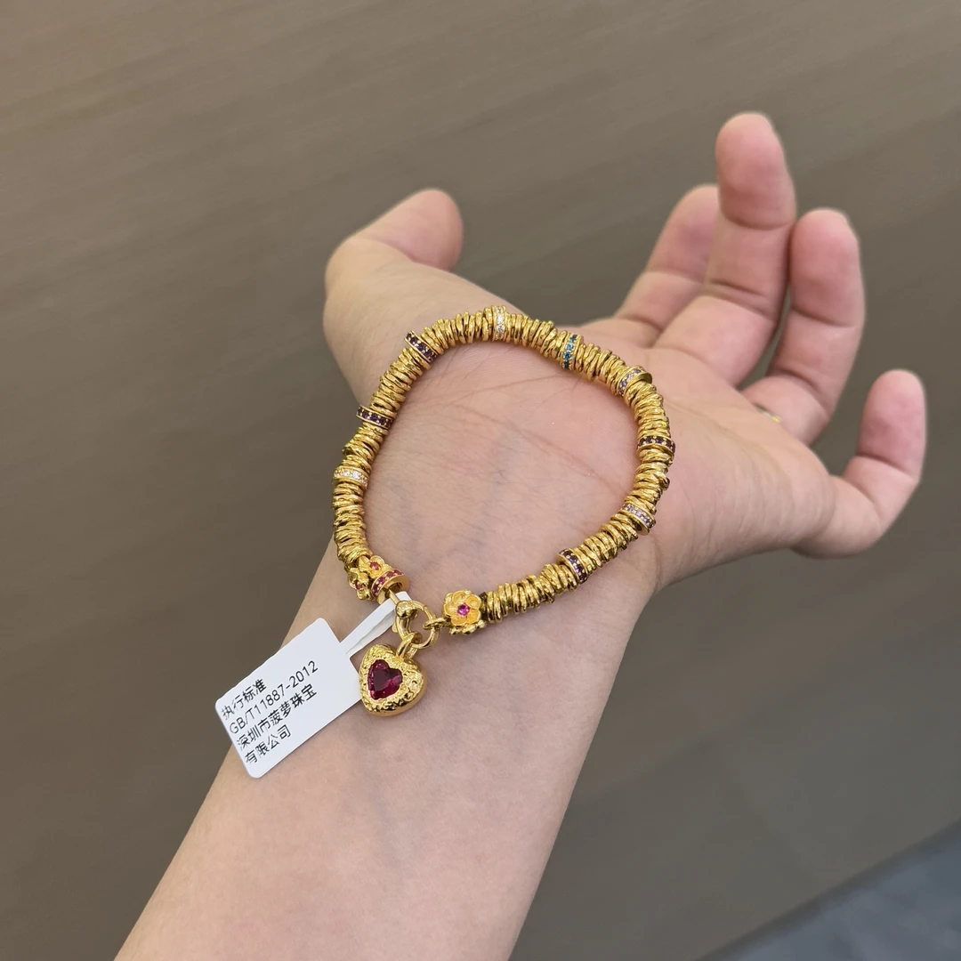 【菠萝珠宝】足金999 时尚点钻跑环爱心提溜手串 净金重：38.66克