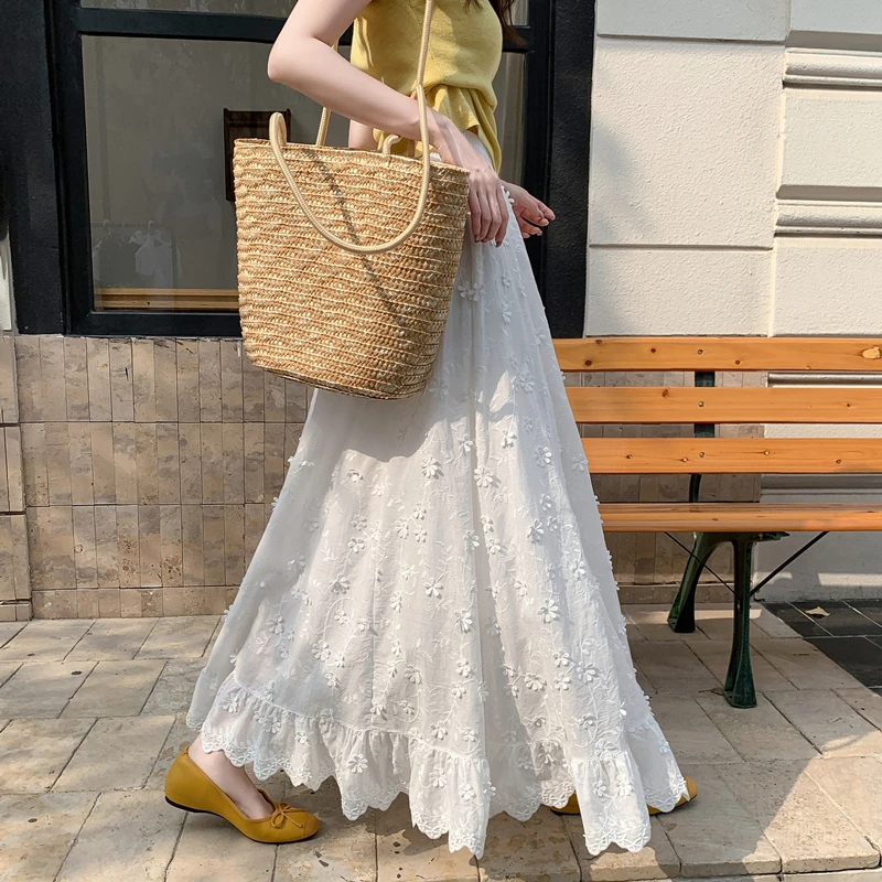 重工白色半身裙女春秋韩系裙子高腰显瘦大摆长裙女款a字裙夏季A字