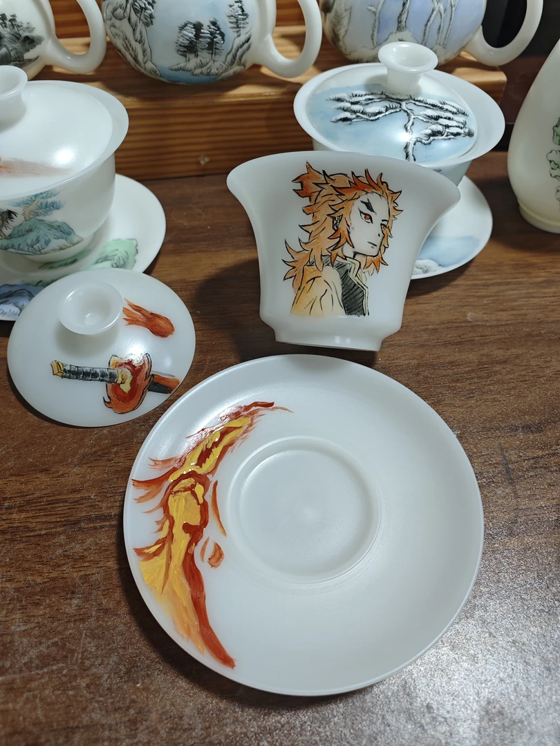 纯手绘璞玉盖碗鬼灭之刃炎柱