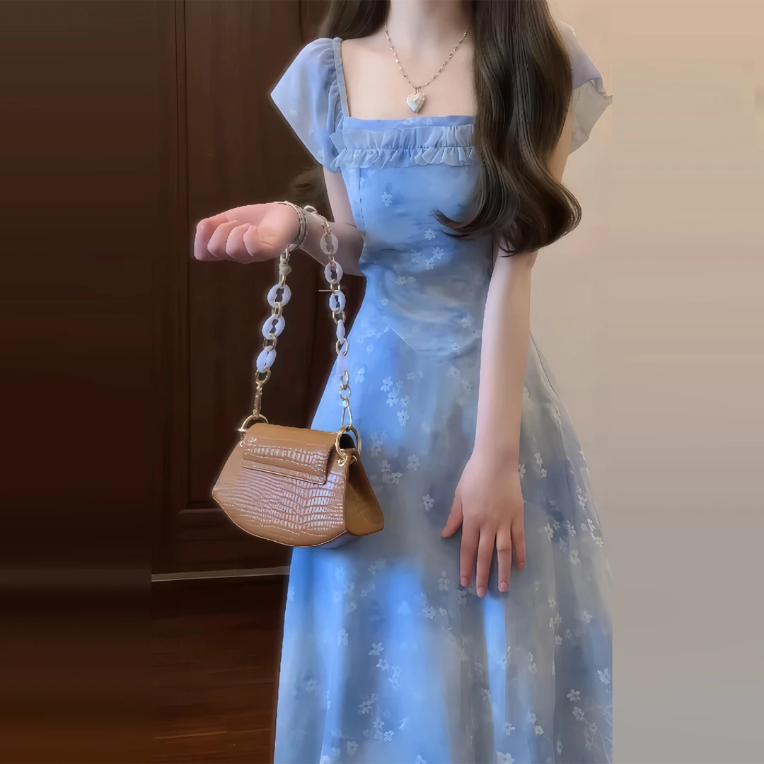 【现货+运补】法式蓝色碎花小飞袖连衣裙子女夏海边度假裙3869