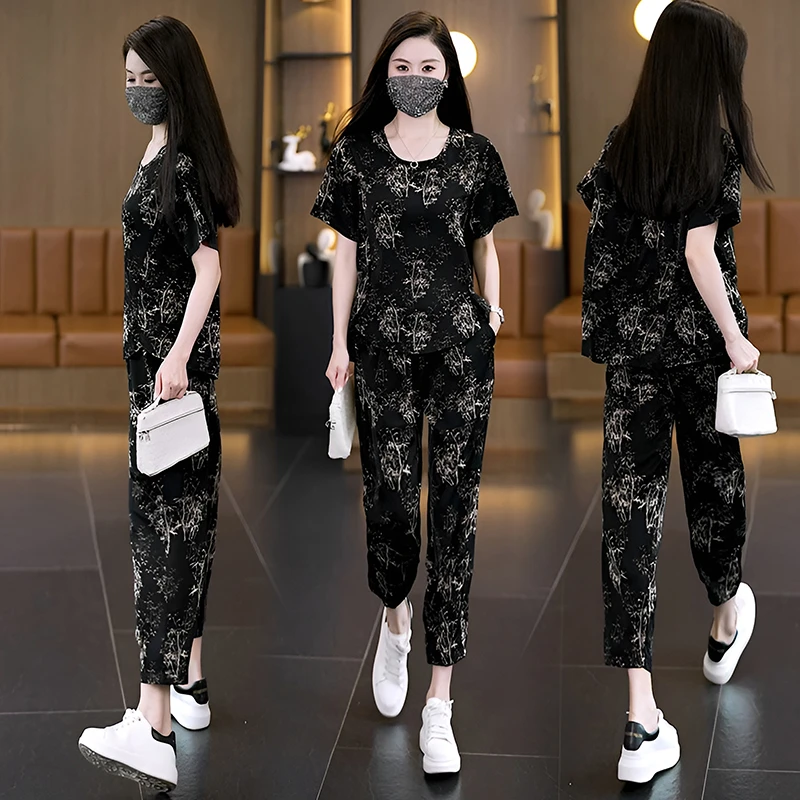 夏季新款大码短袖时尚套装休闲显瘦洋气宽松气质女士两件套女装