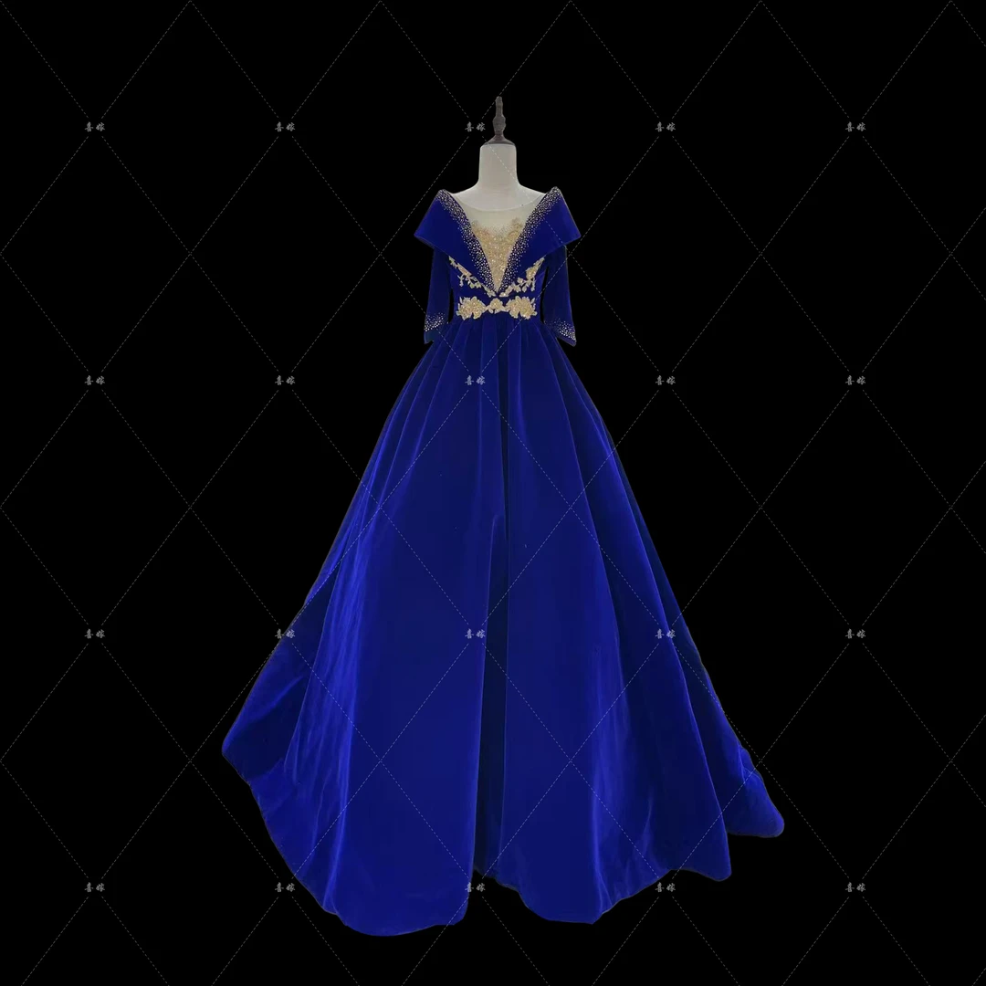 2025年新款蓝色丝绒主持礼服舞台演出晚礼服优雅气质大摆裙