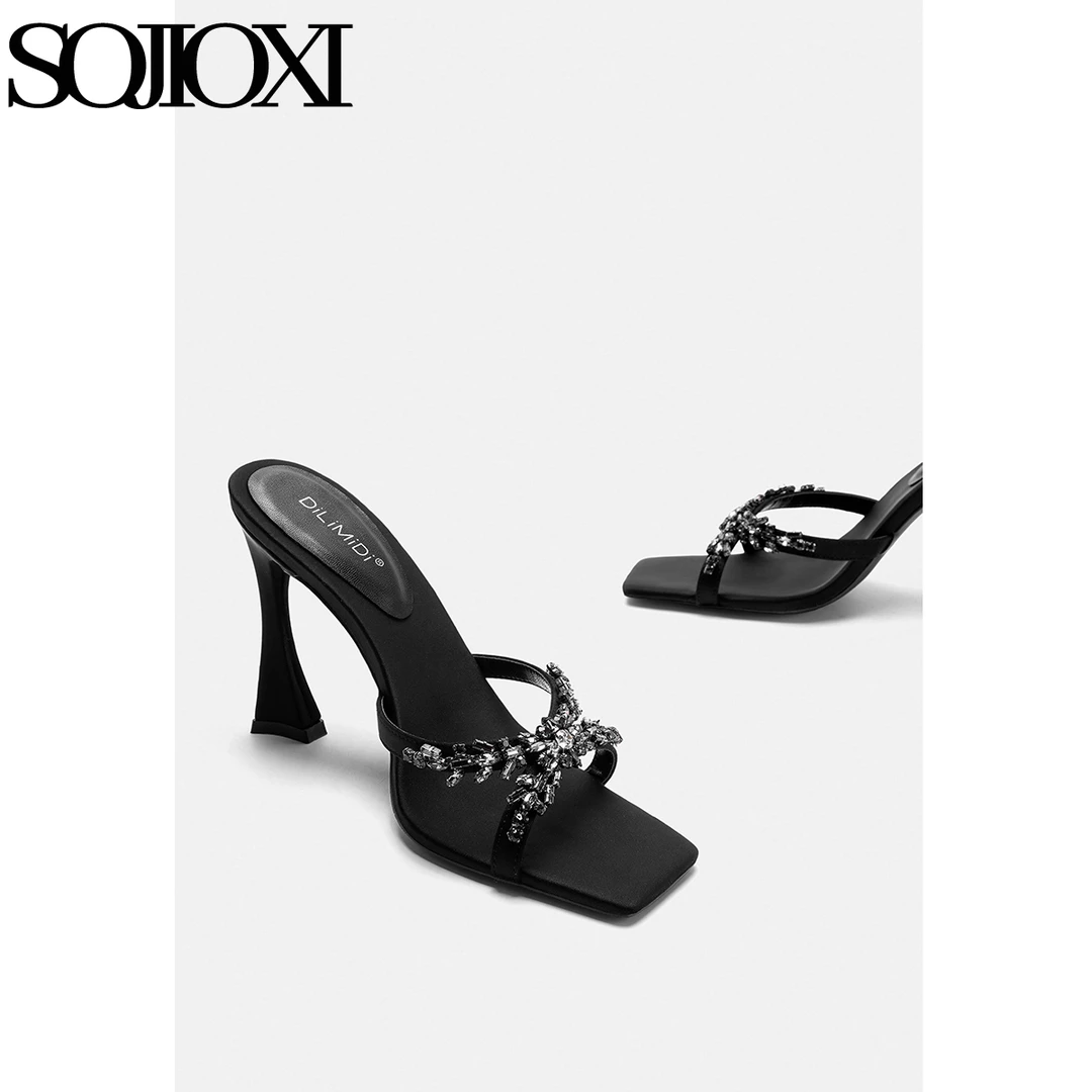 SOJIOXI 黑色凉拖鞋女夏季外穿2025新款水钻性感辣妹高跟鞋女斩男