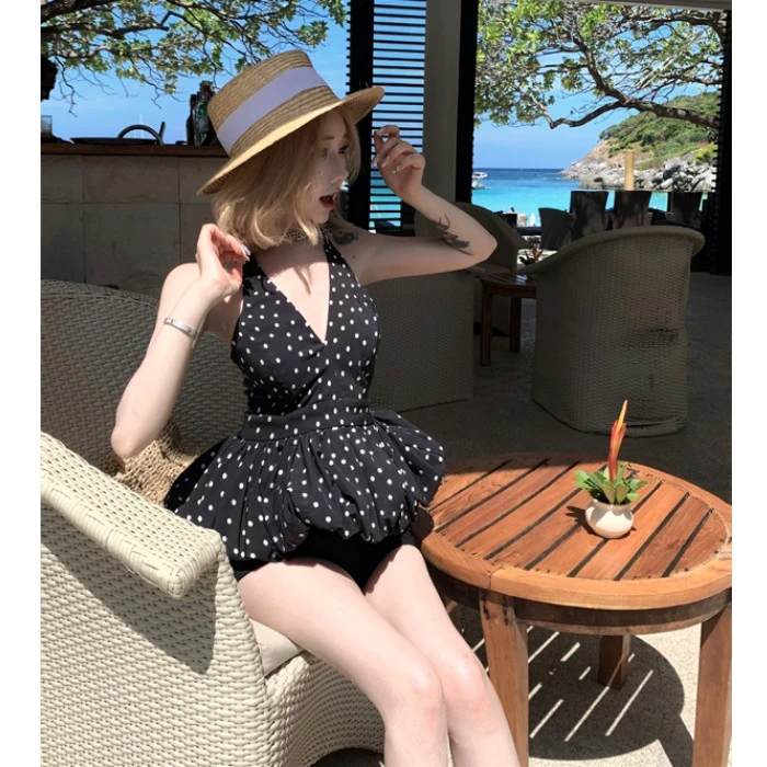 荷叶边挂脖波点吊带背心女外穿夏花苞蓬蓬抹胸v领小上衣泰式绝美