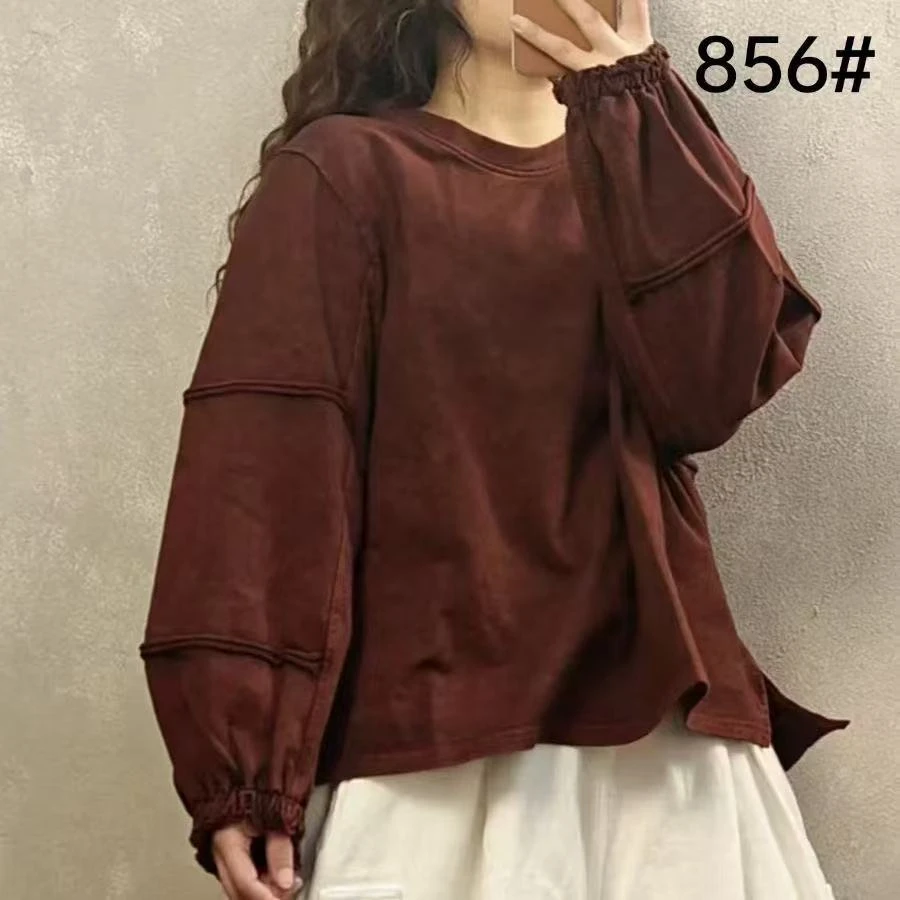 圆领泡泡袖炒色复古卫衣女