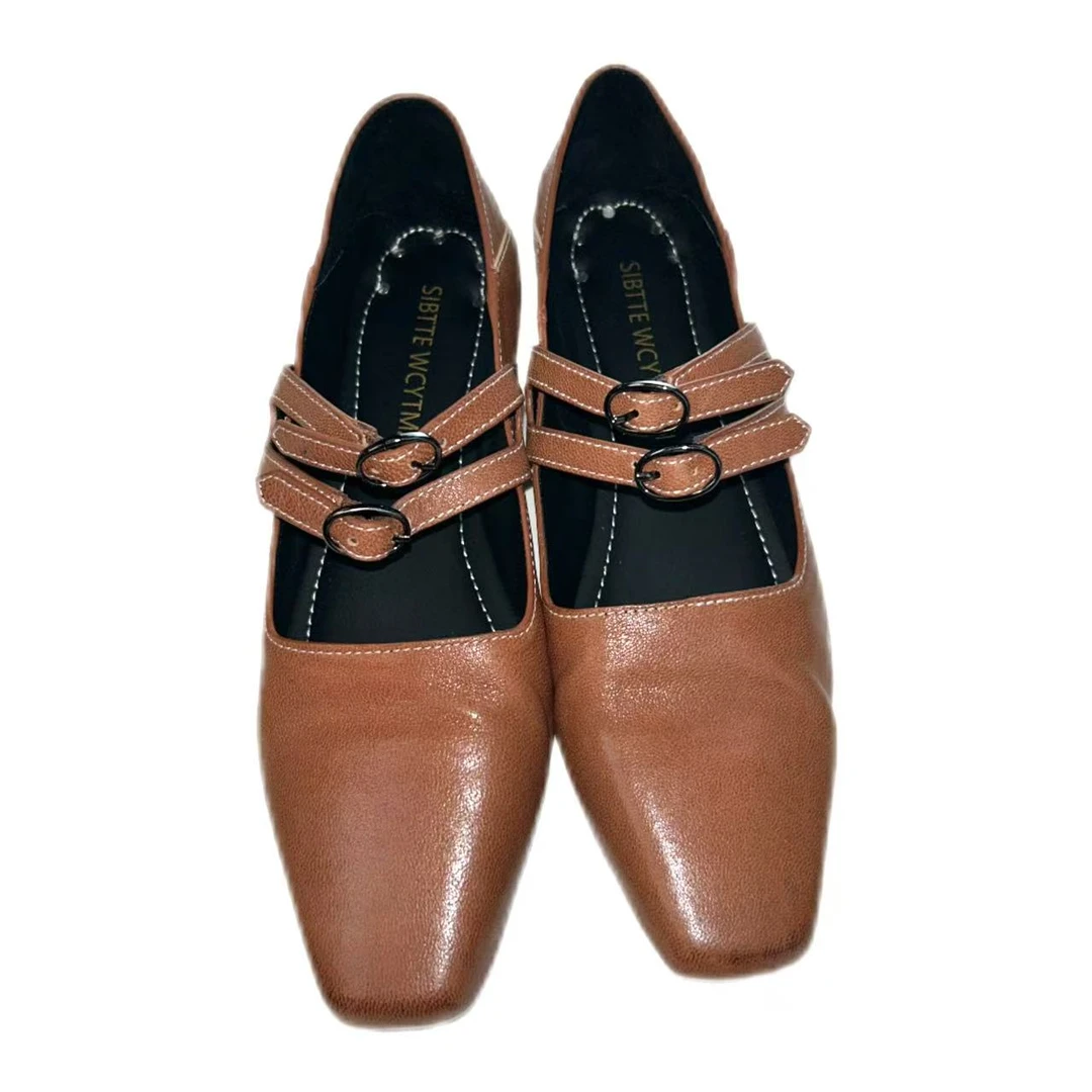 2LEREUSSI双排扣玛丽珍手工女鞋春款法式复古方头单鞋踩跟小皮鞋