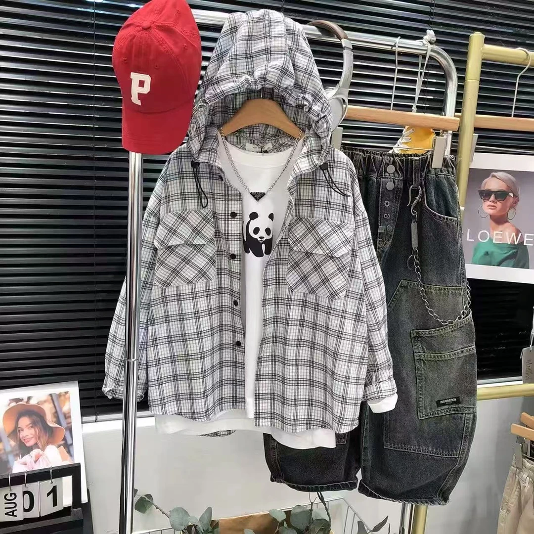 秋季新款男大童格子衬衫秋季夏季长袖春款连帽春秋休闲