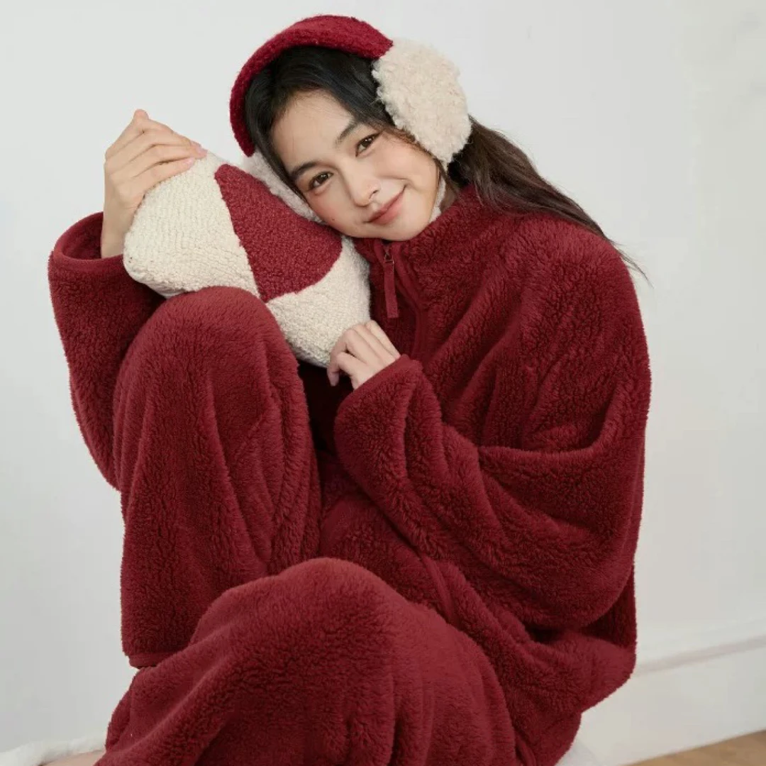 日本GP女士睡衣立领拉链套装冬季新款加绒加厚珊瑚绒保暖家居服女