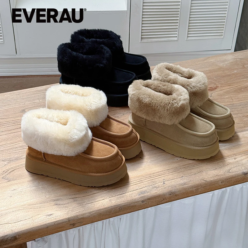 EVERAU冬季时尚雪地靴增高羊皮毛一体翻毛短筒加厚保暖靴EA3183