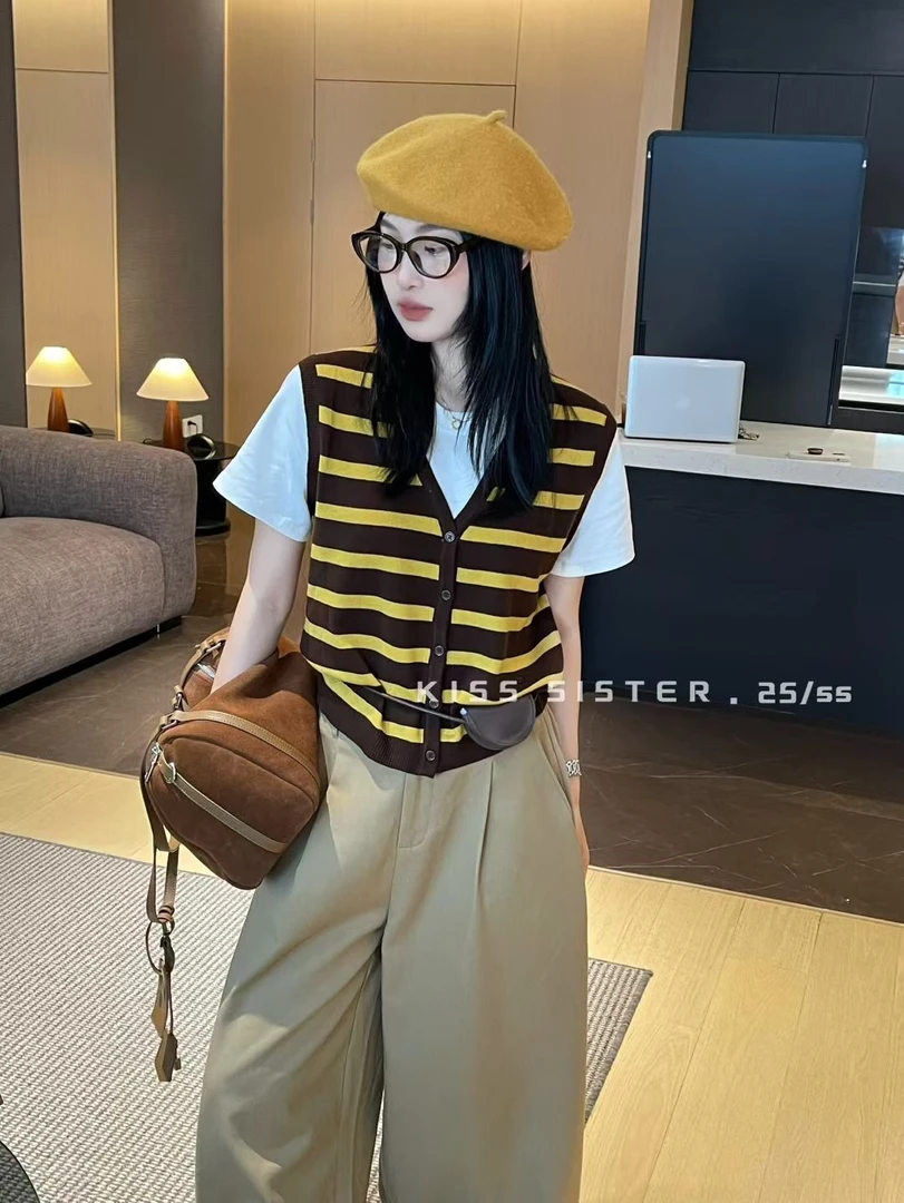 【明媚入秋】显瘦时尚简约假两件针织条纹百搭短袖T恤带包包上衣