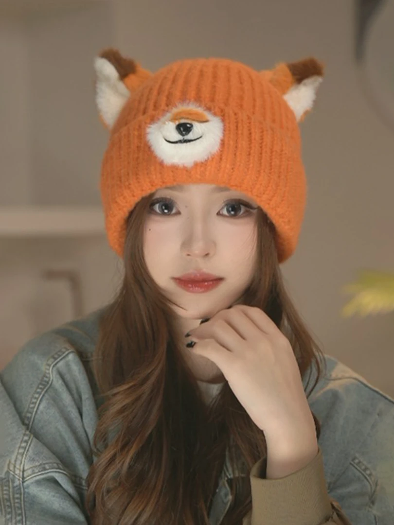 可爱卡通小狐狸针织帽女秋冬季保暖显脸小毛线帽护耳防寒加厚帽子