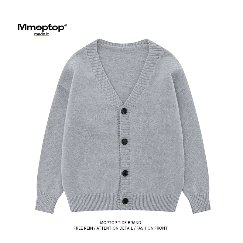 MMOPTOP纯色V领开衫毛衣男款慵懒秋冬季宽松休闲保暖针织衫外套女