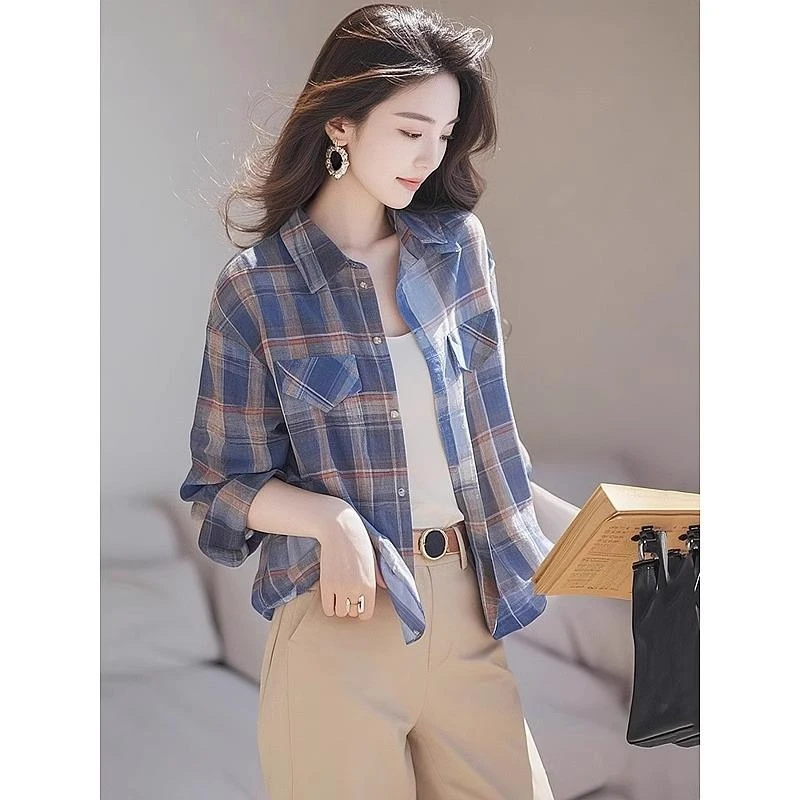 COS MOCO UR正品2025早秋新款上衣韩系超好看感蓝色格子长袖大码