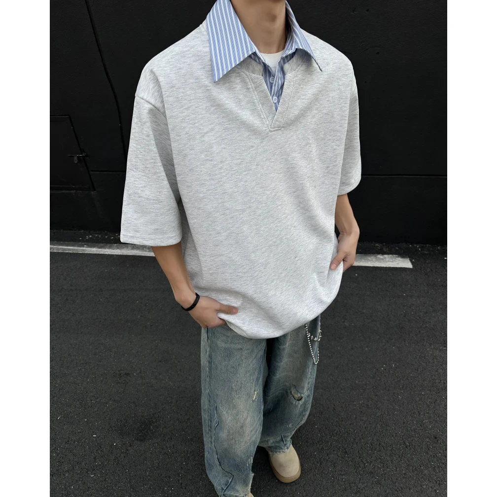 假两件衬衫领短袖t恤男款夏季美式复古潮牌重磅半袖宽松五分中袖