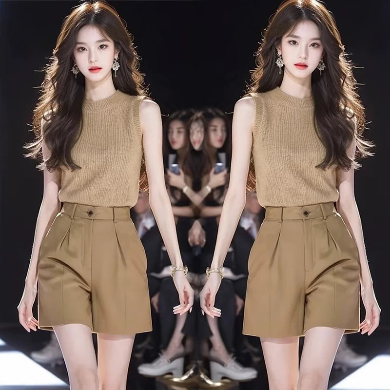 夏季小个子穿搭一整套小香风无袖上衣背心休闲短裤减龄两件套装女