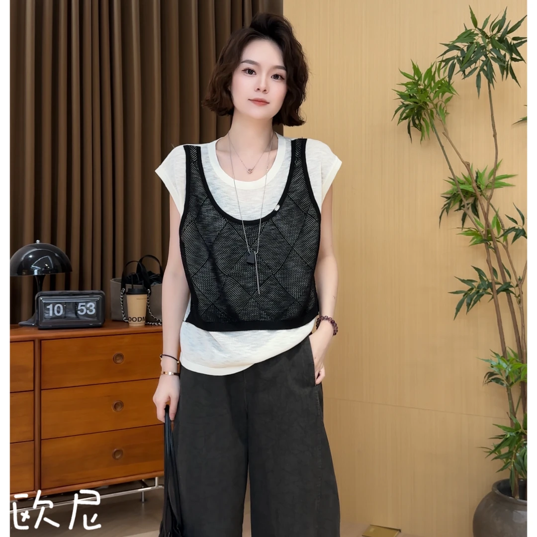 欧尼私服 2025夏款撞色假两件上衣百搭针织T 2505C2708