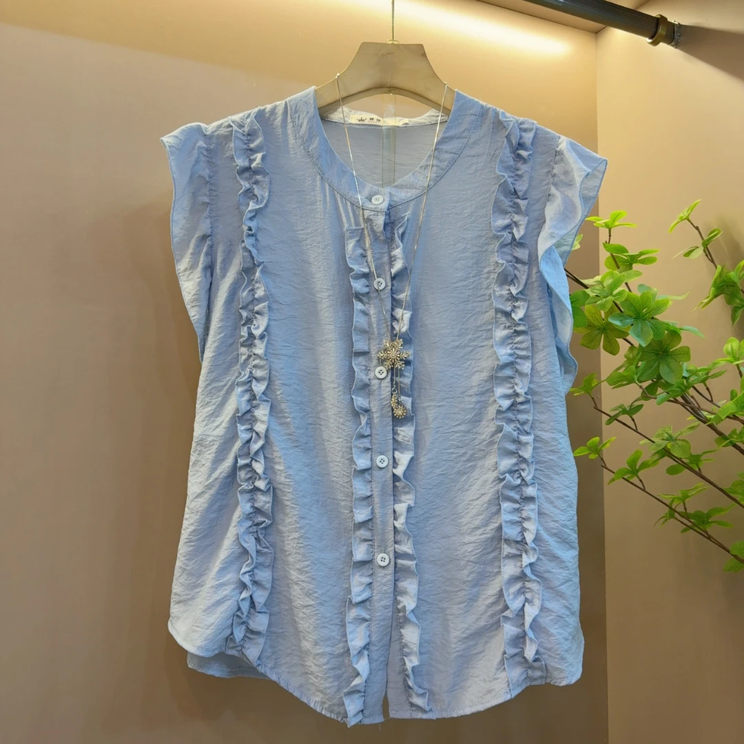 时尚休闲荷叶边无袖纯色夏季新款气质百搭减龄拼接显瘦设计上衣