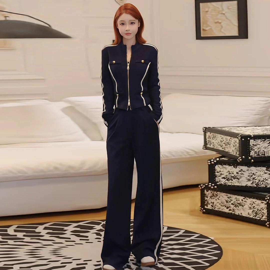 2025秋季酷飒风休闲时尚套装女蓝色长袖开衫外套高腰阔腿裤两件套