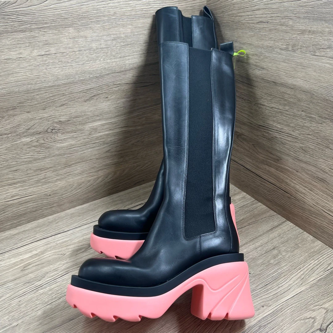 95新 BOTTEGA VENETA/葆蝶家 黑粉高跟长筒靴 36.5码/98新/无配件