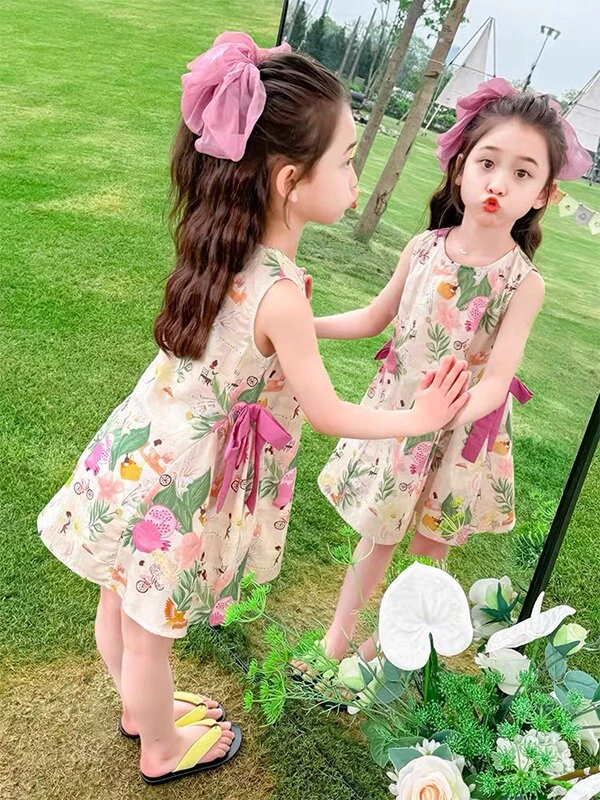 英国MK&DK女童夏季连衣裙2025新款洋气碎花宝宝绝美无袖公主裙子