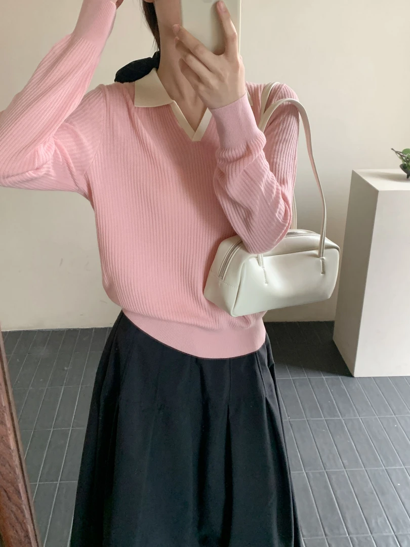 【玥玥家】30%精纺绵羊毛-早春新款V领剪刀领针织衫长袖