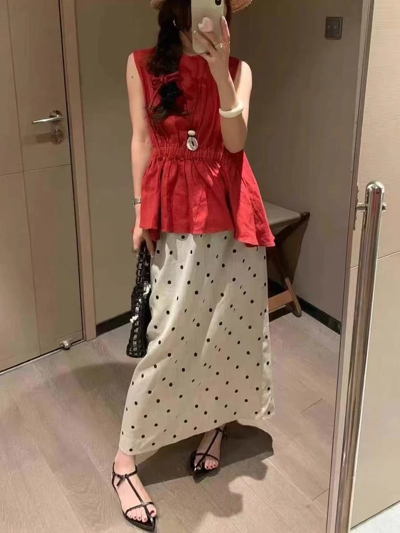 韩版百搭波点印花半身裙女夏季2025新款宽松松紧腰显瘦中长A字裙