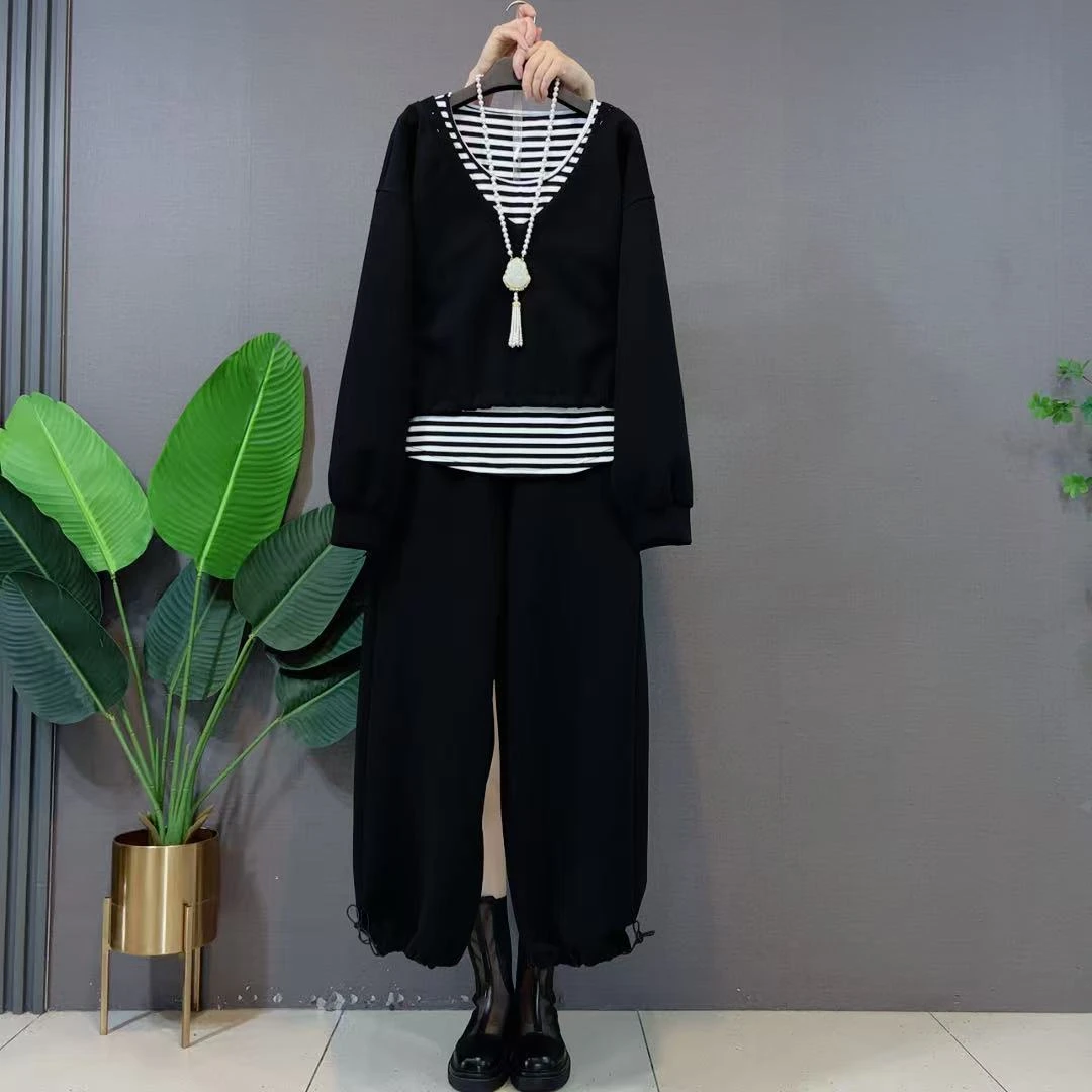 欧货大码三件套装女2025秋季新款韩版洋气百搭简约休闲显瘦套装