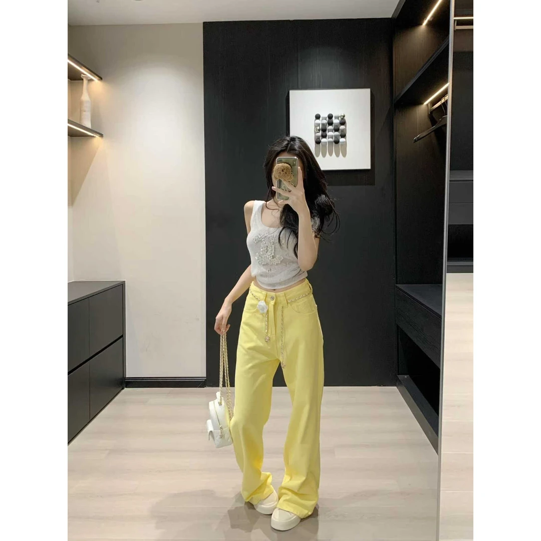 美式复古设计感铆钉牛仔裤女夏季宽松阔腿裤街头潮流纯色垂感长裤